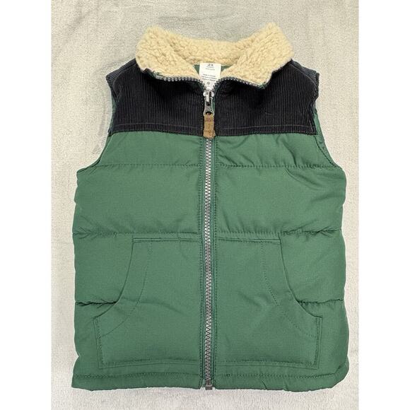 Carter’s Toddler Puffer Vest Size 2T Green Blue Corduroy Collar Sherpa - Picture 2 of 9